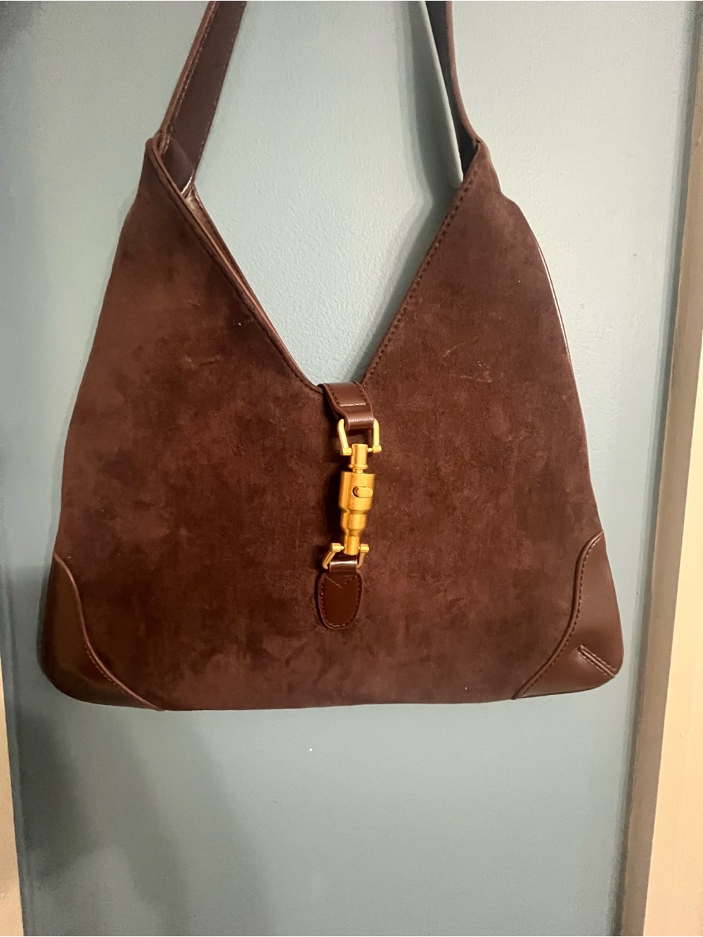 Elegant Dark Brown Suede Shoulder Bag with Gold Accent - Picture 2 of 4